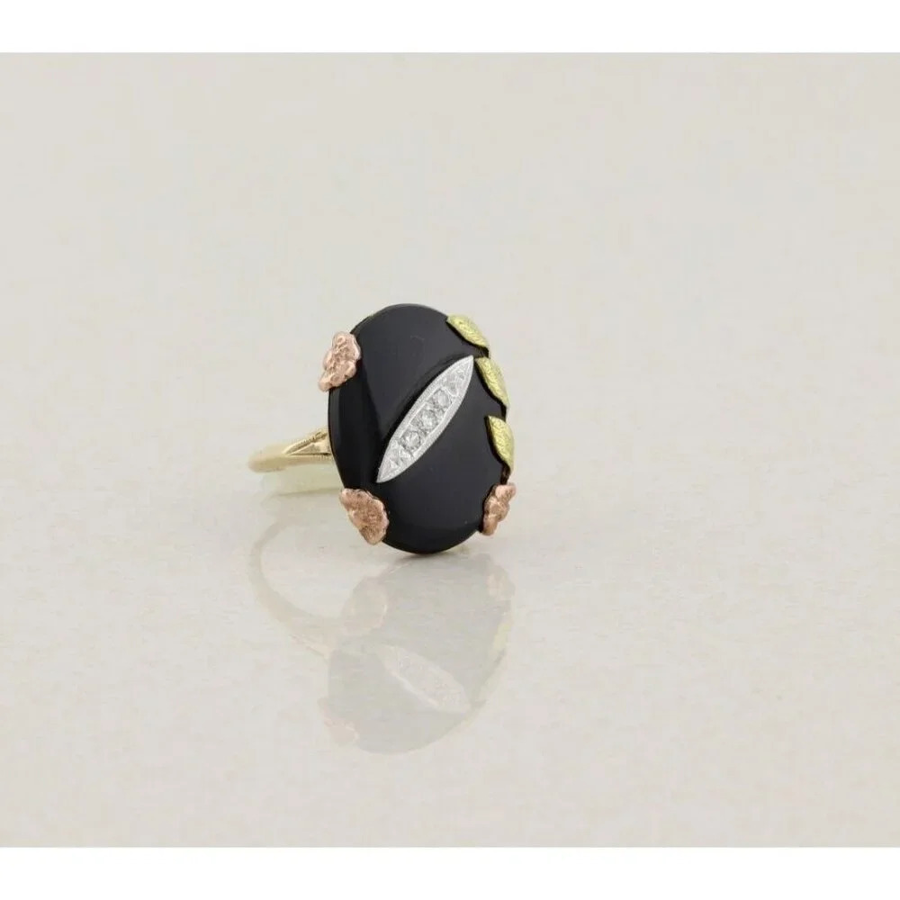 10k Yellow Gold Natural Onyx & Diamond Ring Size 6 1/4 - Picture 3 of 7